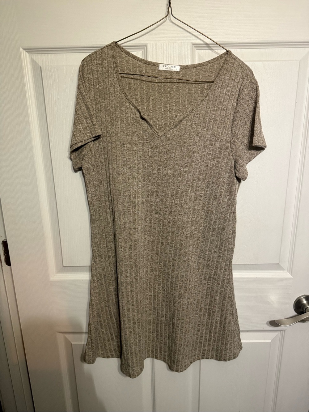 Taupe Ribbed V-Neck Short Sleeve Dress